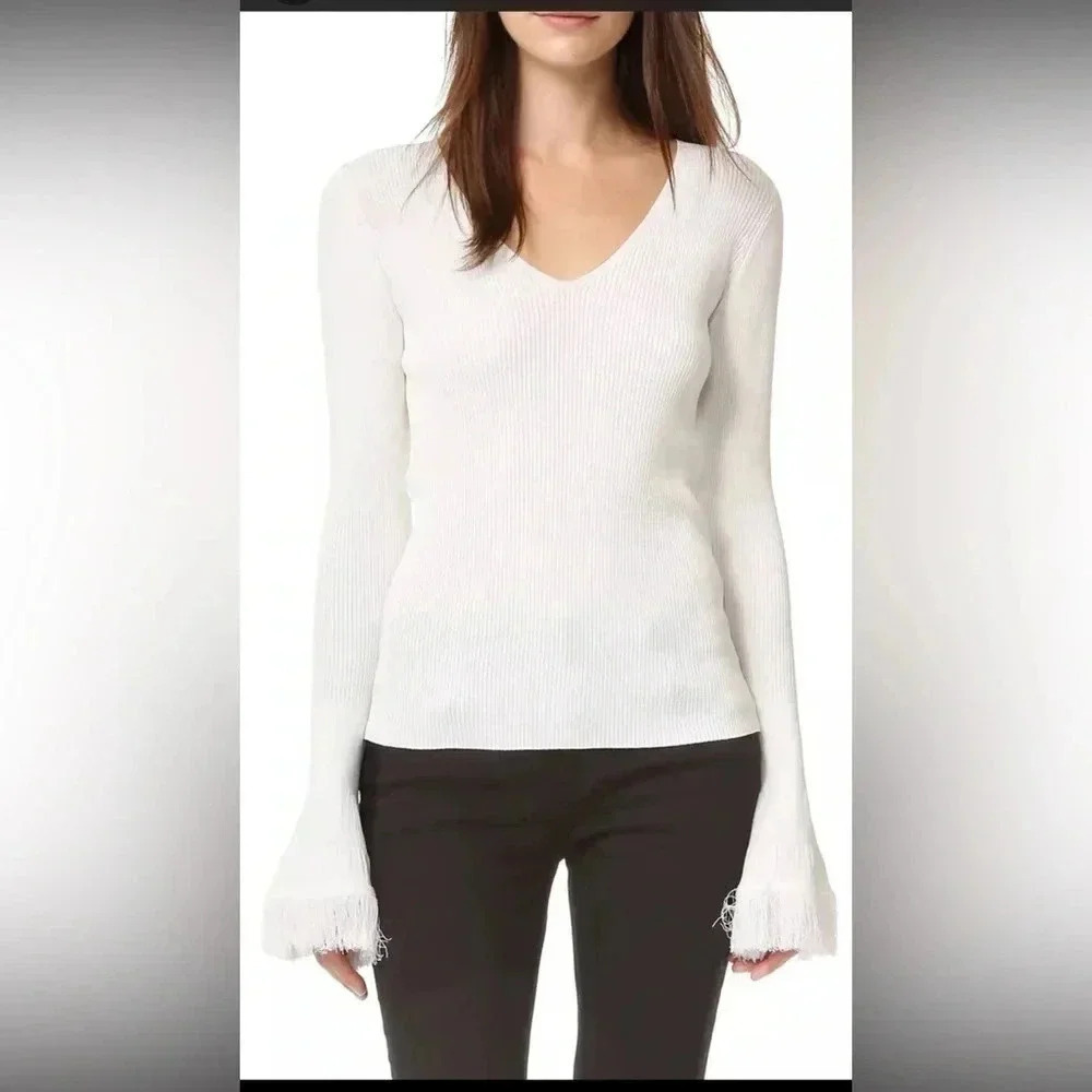 Derek Lam Women Ribbed Sweater Long Sleeves V-Neck Slinky Knit Solid White Sz XS